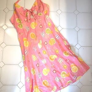 Liz Claiborne linen halter dress. Summer pink & lemon yellow print. Size 14.